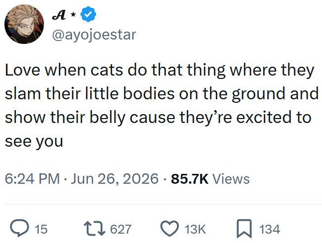 A ⭑ @ayojoestar Love when cats do that thing where they slam their little bodies on the ground and show their belly cause they're excited to see you 6:24 PM ⚫ Jun 26, 2026 · 85.7K Views • > 15 17627 13K ☐ 134
