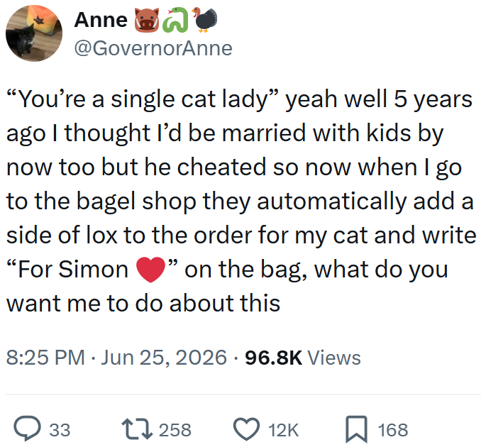 Anne @GovernorAnne "You're a single cat lady” yeah well 5 years ago I thought I'd be married with kids by now too but he cheated so now when I go to the bagel shop they automatically add a side of lox to the order for my cat and write "For Simon on the bag, what do you want me to do about this 8:25 PM ⚫ Jun 25, 2026 · 96.8K Views ○ 33 17258 12K ☐ 168