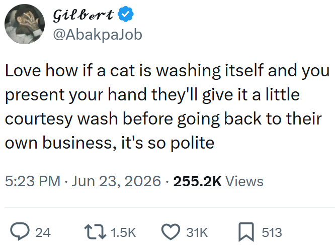 Gilbert ❤ @AbakpaJob Love how if a cat is washing itself and you present your hand they'll give it a little courtesy wash before going back to their own business, it's so polite 5:23 PM ⚫ Jun 23, 2026 · 255.2K Views 24 1.5K 31K ☐ 513