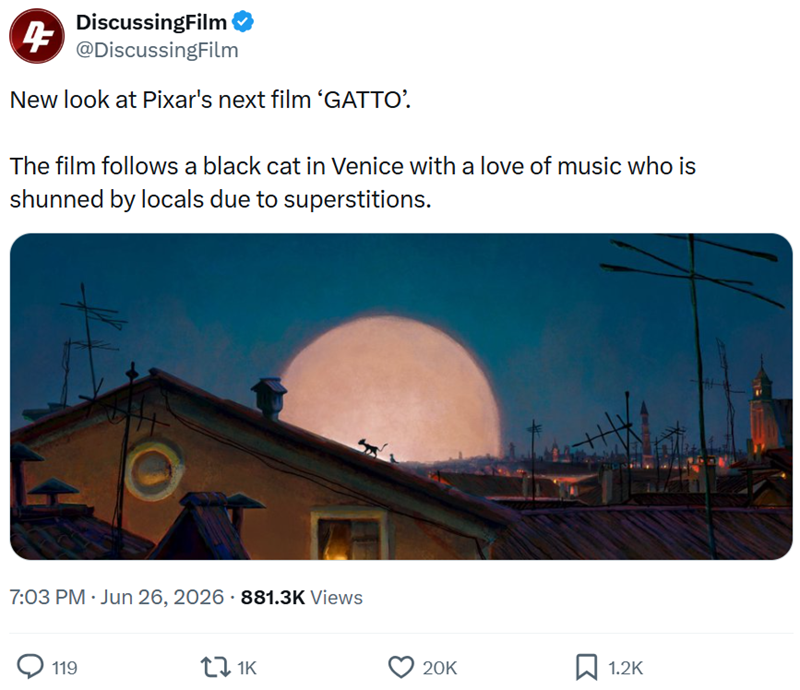 DiscussingFilm 4 @DiscussingFilm New look at Pixar's next film 'GATTO'. The film follows a black cat in Venice with a love of music who is shunned by locals due to superstitions. 7:03 PM ⚫ Jun 26, 2026 · 881.3K Views 119 1K 20K ☐ 1.2K