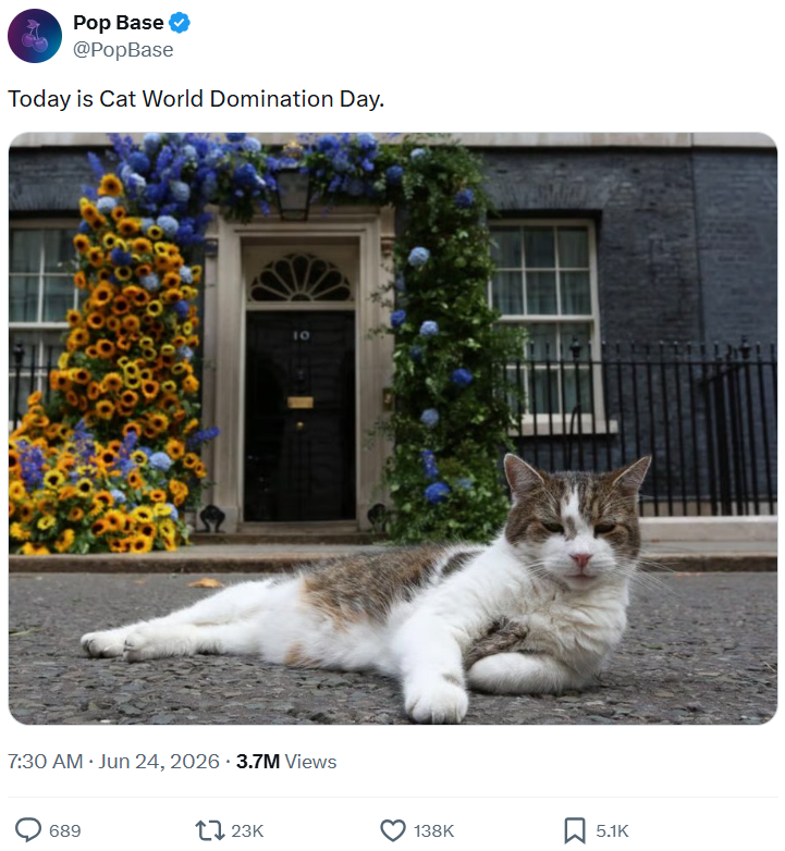 Pop Base @PopBase Today is Cat World Domination Day. 7:30 AM ⚫ Jun 24, 2026 3.7M Views 689 123K 138K 5.1K