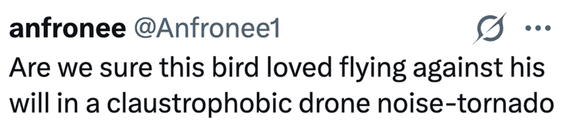 anfronee @Anfronee1 Are we sure this bird loved flying against his will in a claustrophobic drone noise-tornado