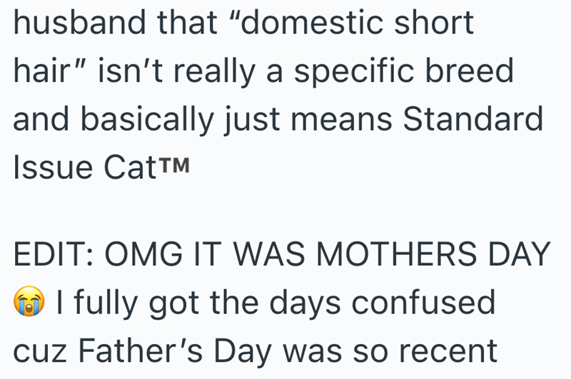 husband that "domestic short hair" isn't really a specific breed and basically just means Standard Issue Cat™ EDIT: OMG IT WAS MOTHERS DAY I fully got the days confused cuz Father's Day was so recent