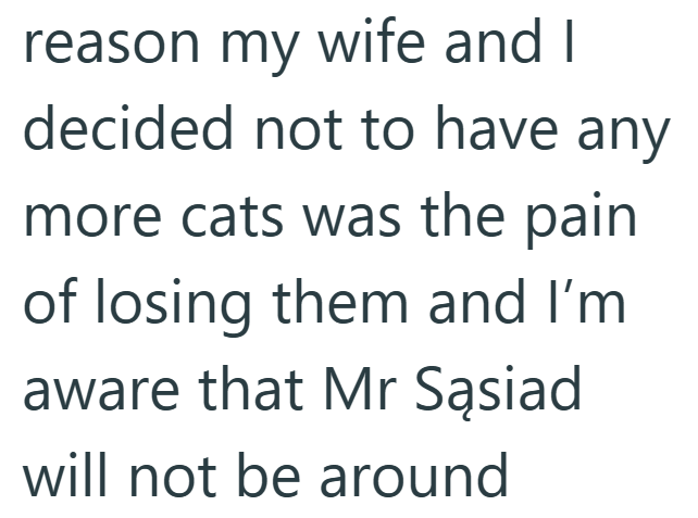 reason my wife and I decided not to have any more cats was the pain of losing them and I'm aware that Mr Sąsiad will not be around