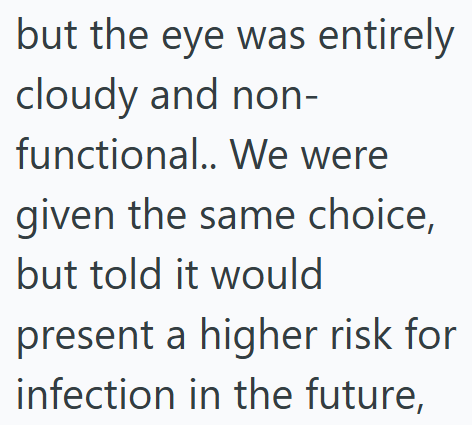but the eye was entirely cloudy and non- functional.. We were given the same choice, but told it would present a higher risk for infection in the future,