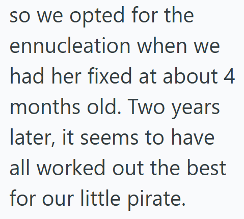 so we opted for the ennucleation when we had her fixed at about 4 months old. Two years later, it seems to have all worked out the best for our little pirate.