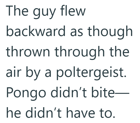 The guy flew backward as though thrown through the air by a poltergeist. Pongo didn't bite- he didn't have to.