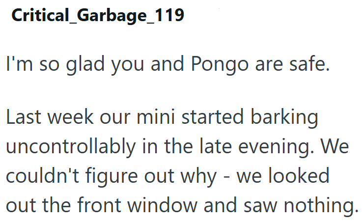 Critical_Garbage_119 I'm so glad you and Pongo are safe. Last week our mini started barking uncontrollably in the late evening. We couldn't figure out why - we looked out the front window and saw nothing.