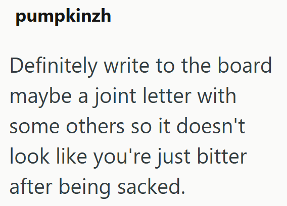 pumpkinzh Definitely write to the board maybe a joint letter with some others so it doesn't look like you're just bitter after being sacked.