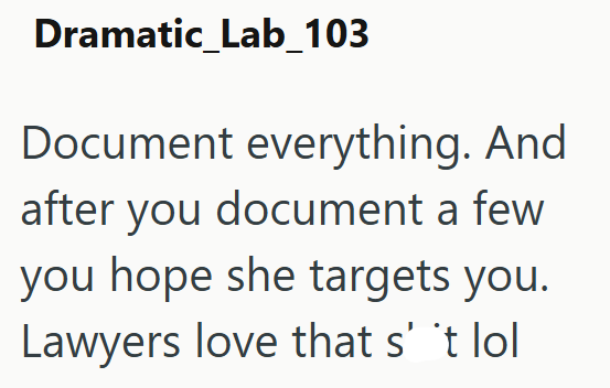 Dramatic_Lab_103 Document everything. And after you document a few you hope she targets you. Lawyers love that s' 't lol