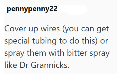 pennypenny22 Cover up wires (you can get special tubing to do this) or spray them with bitter spray like Dr Grannicks.