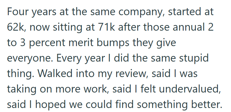 Four years at the same company, started at 62k, now sitting at 71k after those annual 2 to 3 percent merit bumps they give everyone. Every year I did the same stupid thing. Walked into my review, said I was taking on more work, said I felt undervalued, said I hoped we could find something better.