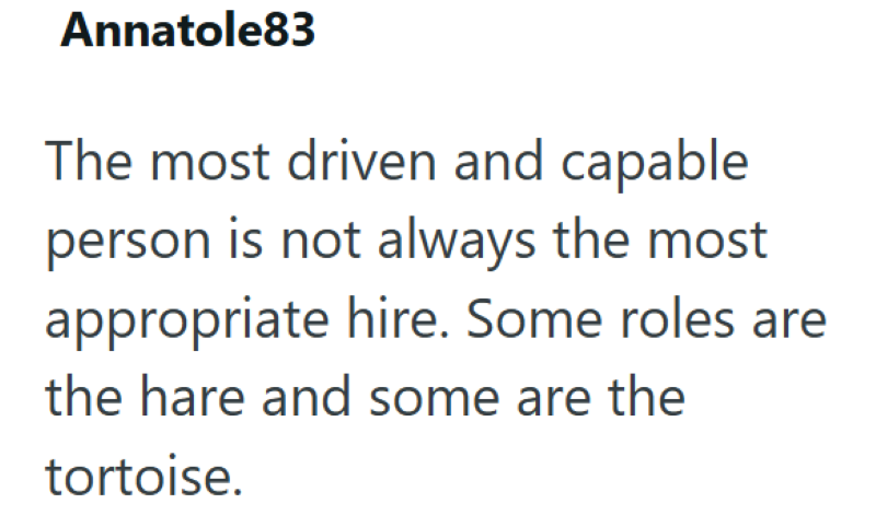 Annatole83 The most driven and capable person is not always the most appropriate hire. Some roles are the hare and some are the tortoise.