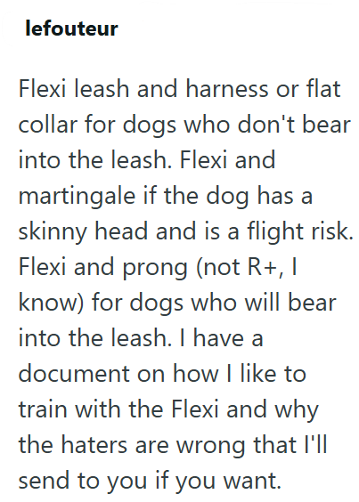 lefouteur Flexi leash and harness or flat collar for dogs who don't bear into the leash. Flexi and martingale if the dog has a skinny head and is a flight risk. Flexi and prong (not R+, I know) for dogs who will bear into the leash. I have a document on how I like to train with the Flexi and why the haters are wrong that I'll send to you if you want.