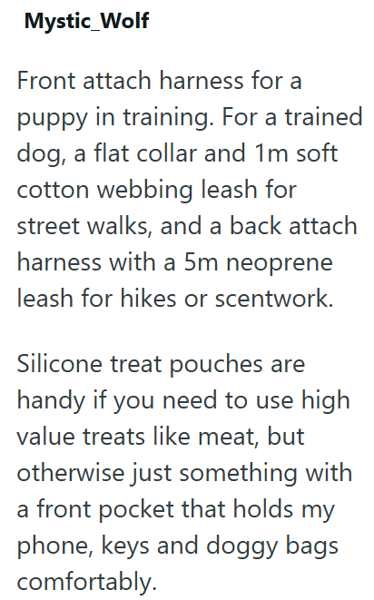 Mystic Wolf Front attach harness for a puppy in training. For a trained dog, a flat collar and 1m soft cotton webbing leash for street walks, and a back attach harness with a 5m neoprene leash for hikes or scentwork. Silicone treat pouches are handy if you need to use high value treats like meat, but otherwise just something with a front pocket that holds my phone, keys and doggy bags comfortably.