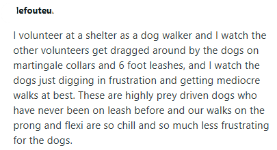 lefouteu. I volunteer at a shelter as a dog walker and I watch the other volunteers get dragged around by the dogs on martingale collars and 6 foot leashes, and I watch the dogs just digging in frustration and getting mediocre walks at best. These are highly prey driven dogs who have never been on leash before and our walks on the prong and flexi are so chill and so much less frustrating for the dogs.