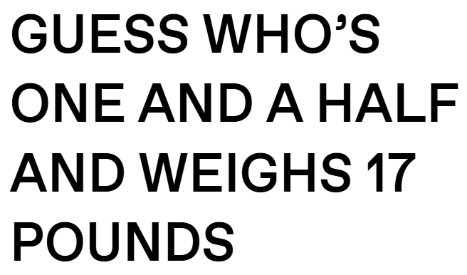 GUESS WHO'S ONE AND A HALF AND WEIGHS 17 POUNDS