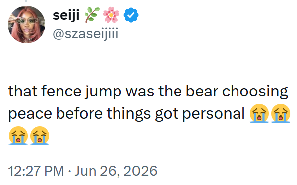 seiji @szaseijiii that fence jump was the bear choosing peace before things got personal (a) a 12:27 PM Jun 26, 2026