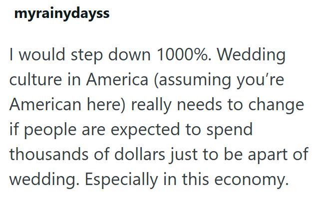 myrainydayss I would step down 1000%. Wedding culture in America (assuming you're American here) really needs to change if people are expected to spend thousands of dollars just to be apart of wedding. Especially in this economy.