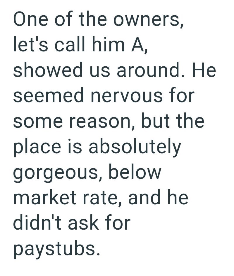 One of the owners, let's call him A, showed us around. He seemed nervous for some reason, but the place is absolutely gorgeous, below market rate, and he didn't ask for paystubs.