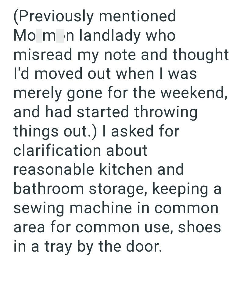 (Previously mentioned Momon landlady who misread my note and thought I'd moved out when I was merely gone for the weekend, and had started throwing things out.) I asked for clarification about reasonable kitchen and bathroom storage, keeping a sewing machine in common area for common use, shoes in a tray by the door.