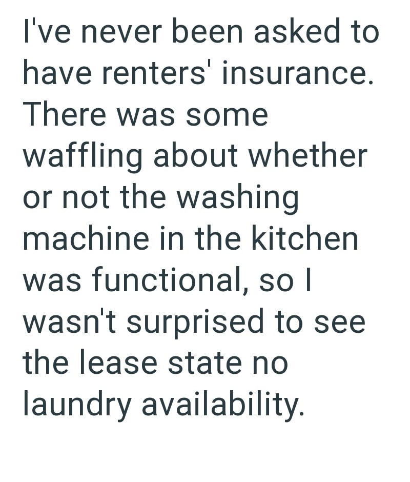 I've never been asked to have renters' insurance. There was some waffling about whether or not the washing machine in the kitchen was functional, so I wasn't surprised to see the lease state no laundry availability.