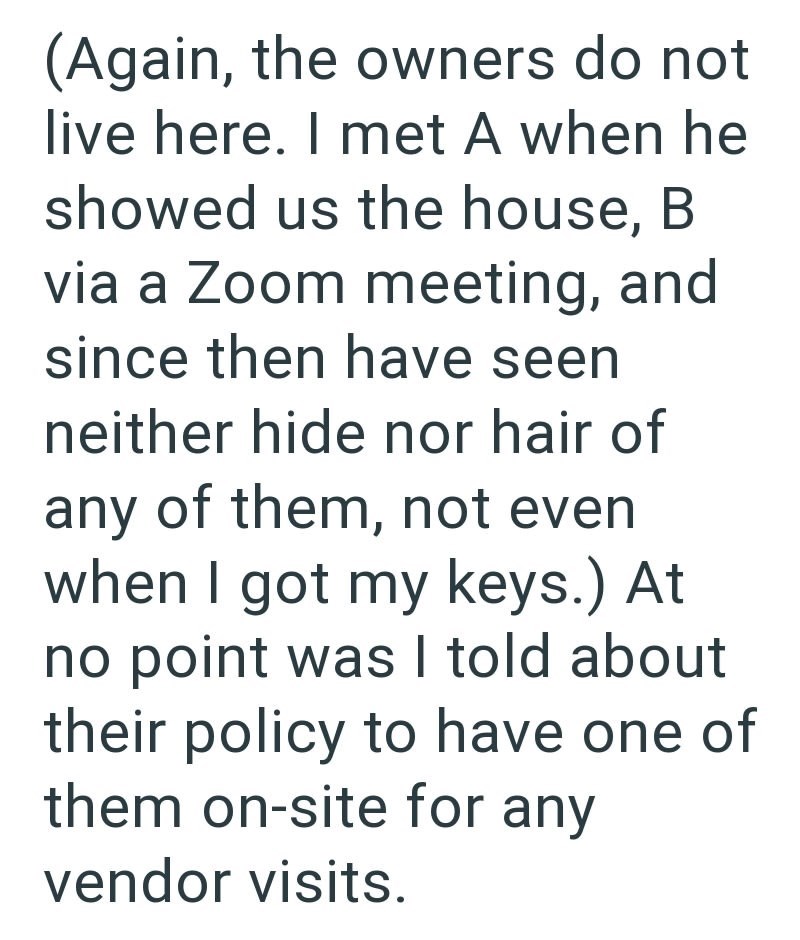 (Again, the owners do not live here. I met A when he showed us the house, B via a Zoom meeting, and since then have seen neither hide nor hair of any of them, not even when I got my keys.) At no point was I told about their policy to have one of them on-site for any vendor visits.