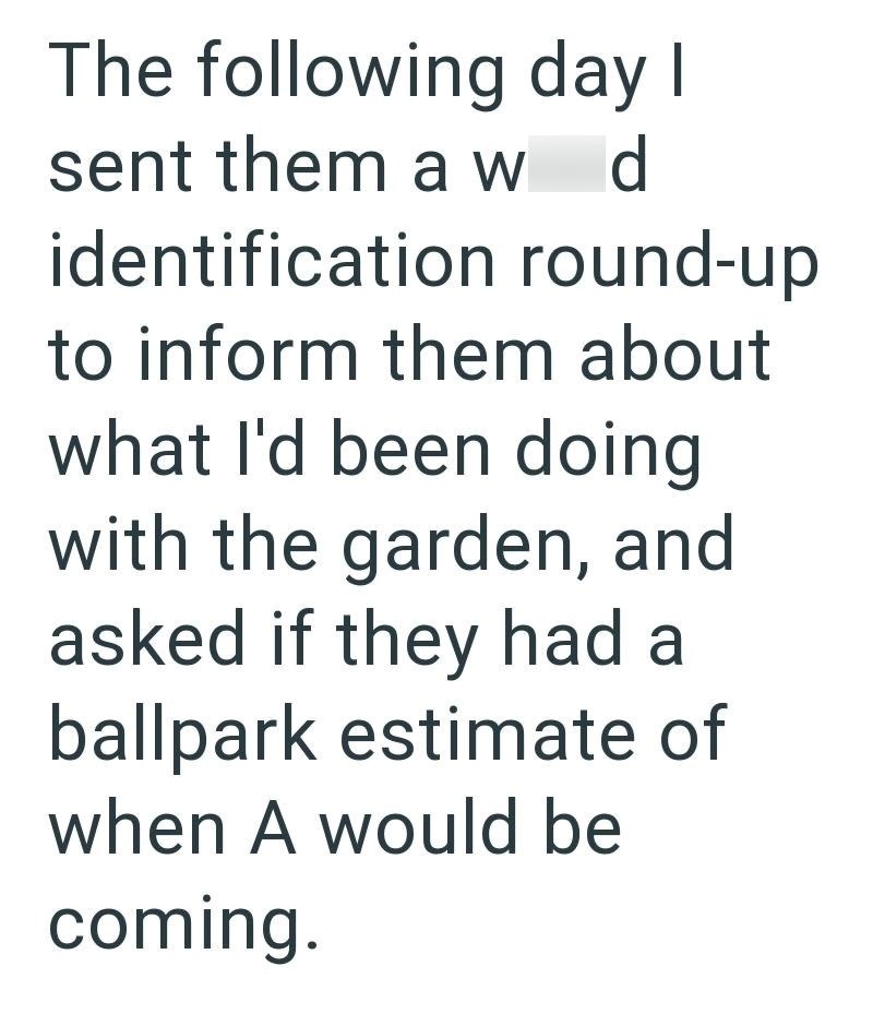 The following day I sent them a w d identification round-up to inform them about what I'd been doing with the garden, and asked if they had a ballpark estimate of when A would be coming.