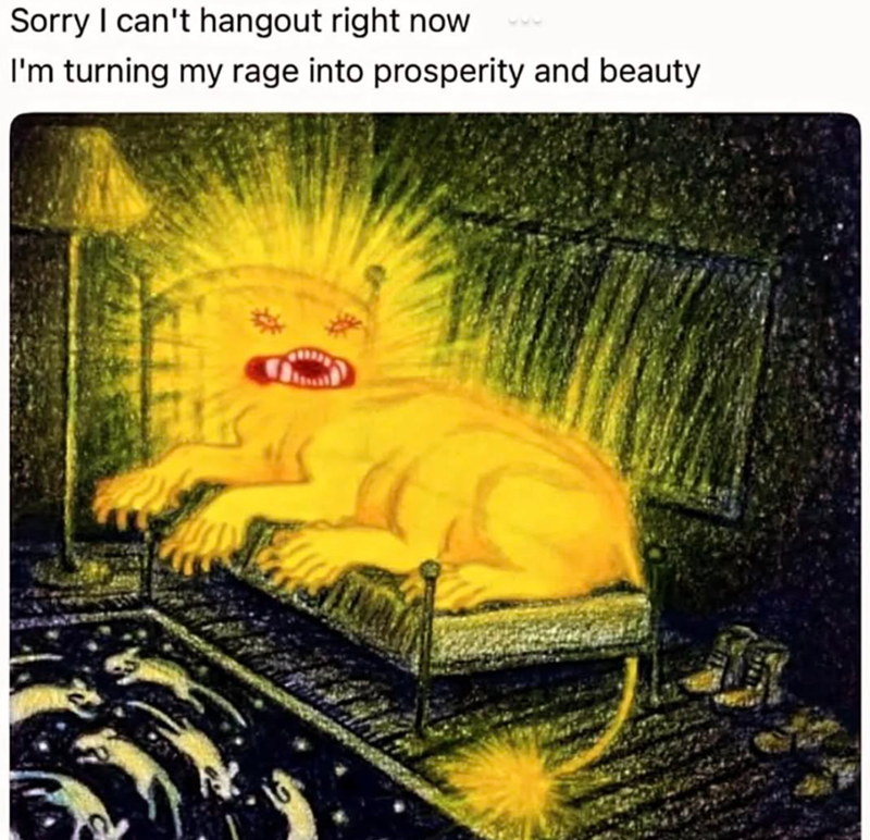 Sorry I can't hangout right now I'm turning my rage into prosperity and beauty.