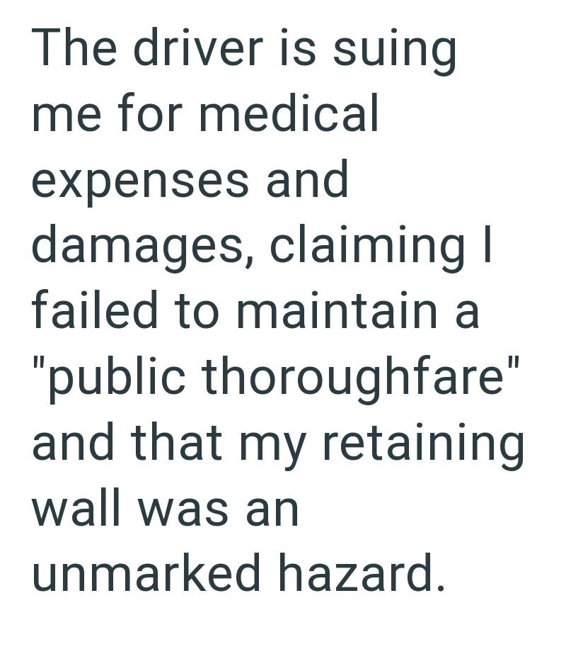 The driver is suing me for medical expenses and damages, claiming I failed to maintain a "public thoroughfare" and that my retaining wall was an unmarked hazard.