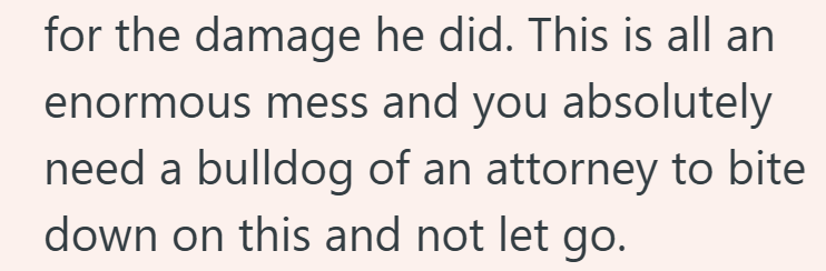 for the damage he did. This is all an enormous mess and you absolutely need a bulldog of an attorney to bite down on this and not let go.