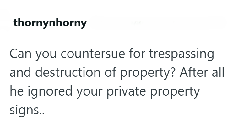 thornynhorny Can you countersue for trespassing and destruction of property? After all he ignored your private property signs..