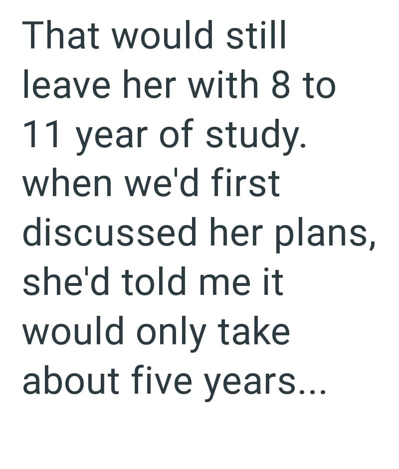That would still leave her with 8 to 11 year of study. when we'd first discussed her plans, she'd told me it would only take about five years...