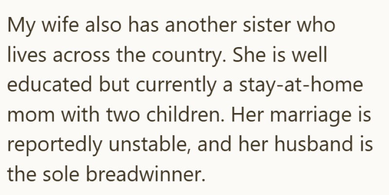 My wife also has another sister who lives across the country. She is well educated but currently a stay-at-home mom with two children. Her marriage is reportedly unstable, and her husband is the sole breadwinner.