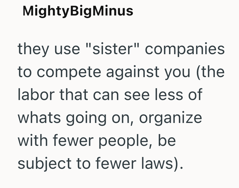 MightyBigMinus they use "sister" companies to compete against you (the labor that can see less of whats going on, organize with fewer people, be subject to fewer laws).