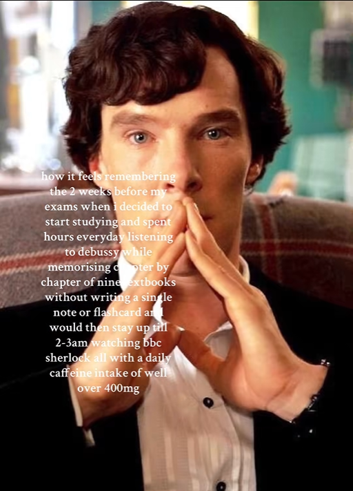 how it feels remembering the 2 weeks before my exams when i decided to start studying and spent hours everyday listening to debussy while memorising ter by chapter of nine extbooks without writing a single note or flashcard an would then stay up till 2-3am watching bbc sherlock all with a daily caffeine intake of well over 400mg