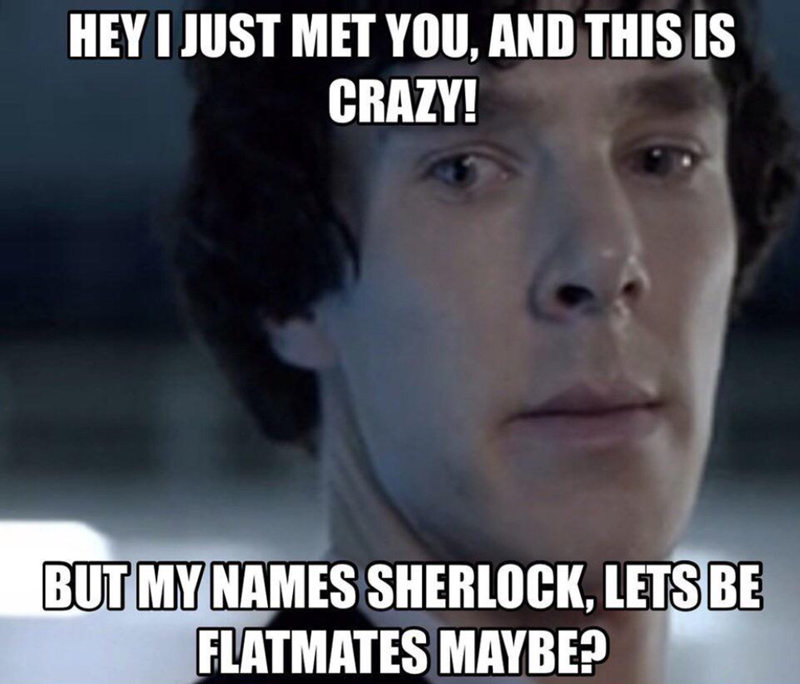 HEY I JUST MET YOU, AND THIS IS CRAZY! BUT MY NAMES SHERLOCK, LETS BE FLATMATES MAYBE?