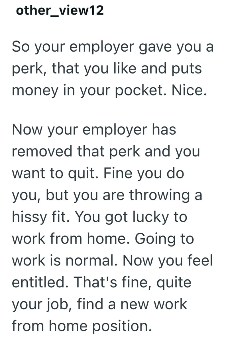 other_view12 So your employer gave you a perk, that you like and puts money in your pocket. Nice. Now your employer has removed that perk and you want to quit. Fine you do you, but you are throwing a hissy fit. You got lucky to work from home. Going to work is normal. Now you feel entitled. That's fine, quite your job, find a new work from home position.