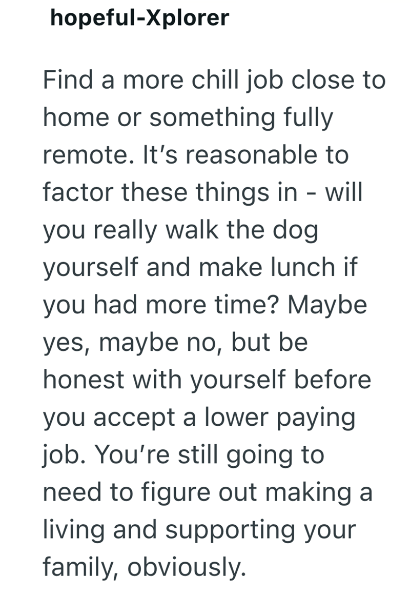 hopeful-Xplorer Find a more chill job close to home or something fully remote. It's reasonable to factor these things in - will you really walk the dog yourself and make lunch if you had more time? Maybe yes, maybe no, but be honest with yourself before you accept a lower paying job. You're still going to need to figure out making a living and supporting your family, obviously.
