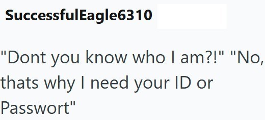 SuccessfulEagle6310 'Dont you know who I am?!" "No, thats why I need your ID or Passwort"