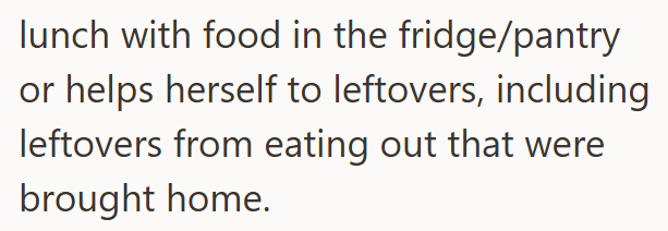 lunch with food in the fridge/pantry or helps herself to leftovers, including leftovers from eating out that were brought home.