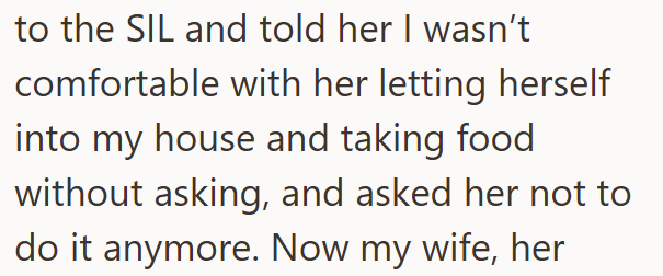 to the SIL and told her I wasn't comfortable with her letting herself into my house and taking food without asking, and asked her not to do it anymore. Now my wife, her