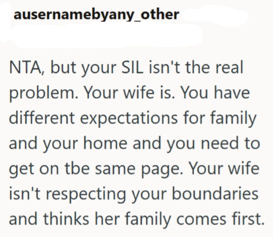 ausernamebyany_other NTA, but your SIL isn't the real problem. Your wife is. You have different expectations for family and your home and you need to get on the same page. Your wife isn't respecting your boundaries and thinks her family comes first.