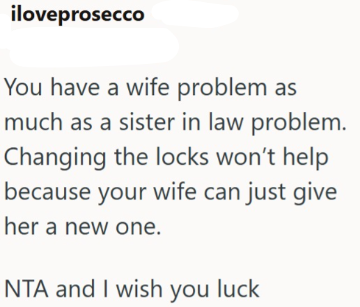 iloveprosecco You have a wife problem as much as a sister in law problem. Changing the locks won't help because your wife can just give her a new one. NTA and I wish you luck