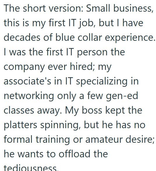 The short version: Small business, this is my first IT job, but I have decades of blue collar experience. I was the first IT person the company ever hired; my associate's in IT specializing in networking only a few gen-ed classes away. My boss kept the platters spinning, but he has no formal training or amateur desire; he wants to offload the tediousness.