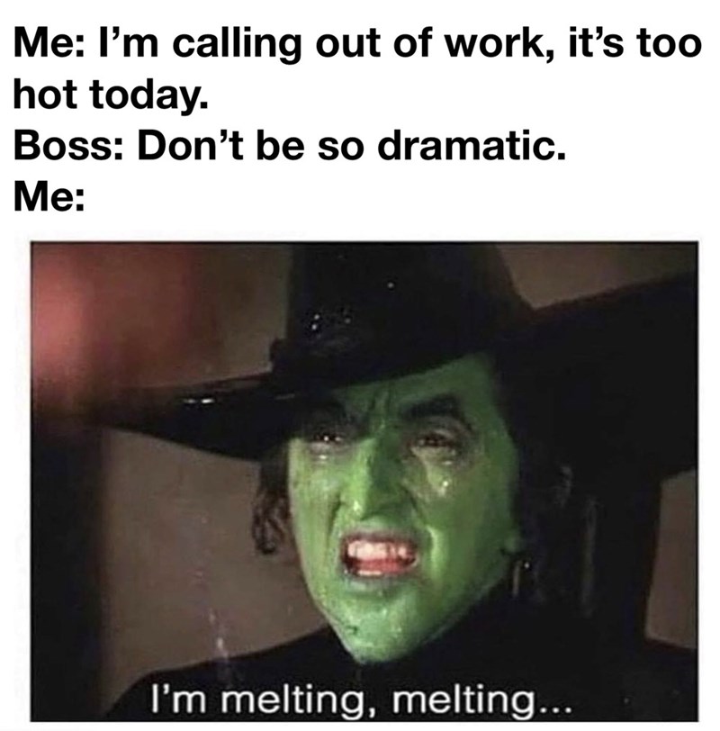 Me: I'm calling out of work, it's too hot today. Boss: Don't be so dramatic. Me: I'm melting, melting...