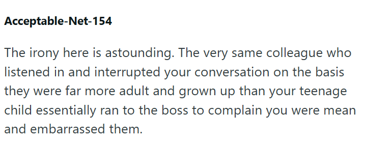 Acceptable-Net-154 The irony here is astounding. The very same colleague who listened in and interrupted your conversation on the basis they were far more adult and grown up than your teenage child essentially ran to the boss to complain you were mean and embarrassed them.
