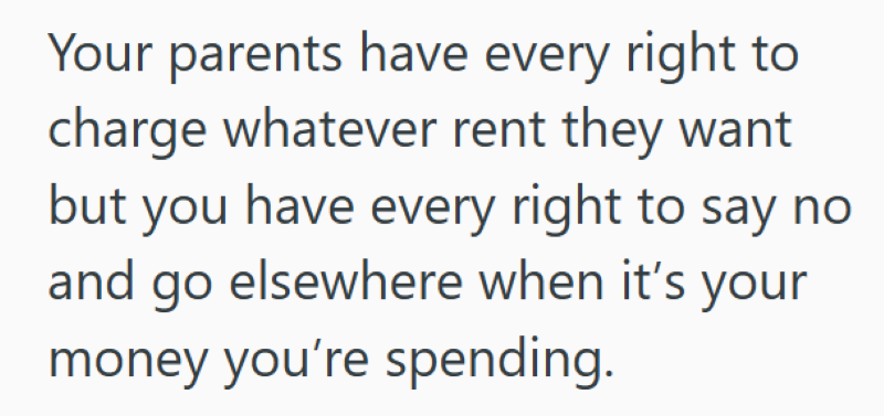 Your parents have every right to charge whatever rent they want but you have every right to say no and go elsewhere when it's your money you're spending.