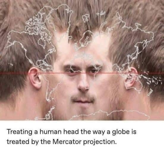 Treating a human head the way a globe is treated by the Mercator projection.