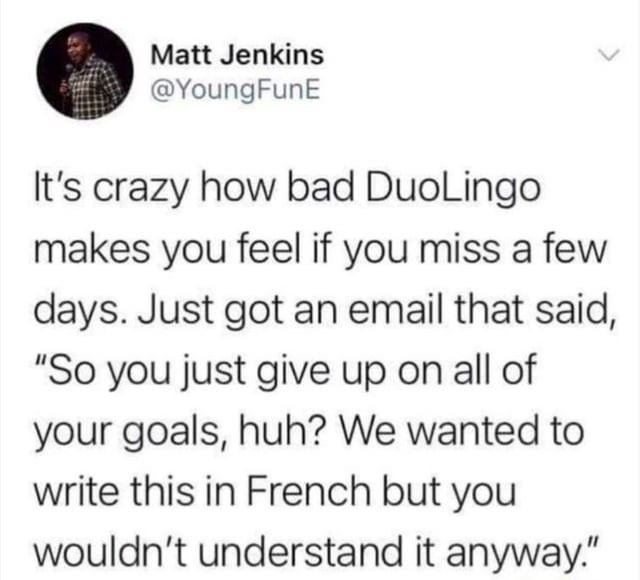 Matt Jenkins @YoungFunE It's crazy how bad DuoLingo makes you feel if you miss a few days. Just got an email that said, "So you just give up on all of your goals, huh? We wanted to write this in French but you wouldn't understand it anyway."